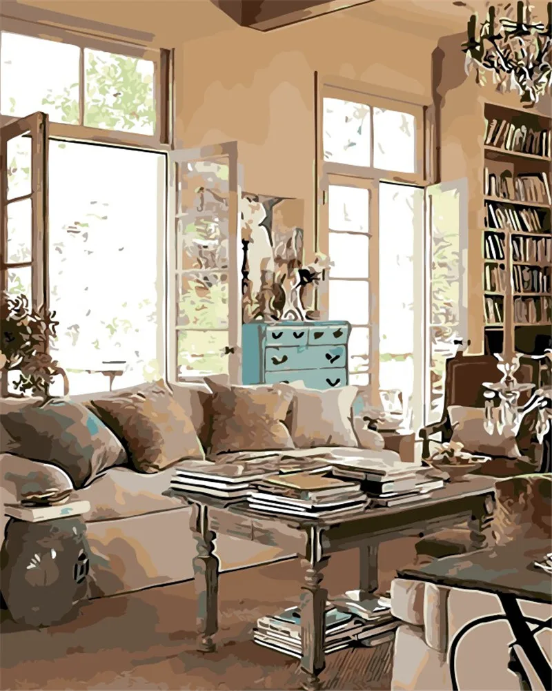 Elegant sitting room photo home oil painting by numbers hand paint coloring number canvas picture decor drawing | Дом и сад