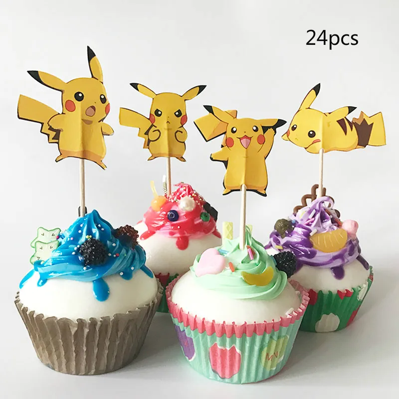 cupcake topper X24 Pokemon Go тематическая вечеринка на день рождения украшения Дети 10 человек Покемон вечерние принадлежности Набор посуды бумажные тарелки подарок для ребенка - Цвет: cupcake topper X24