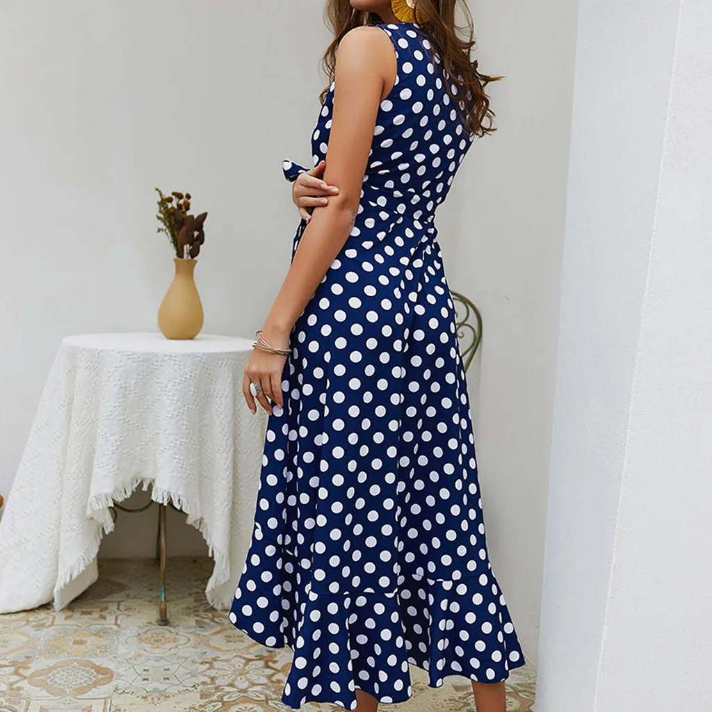 Casual Summer Outdoor Beach Lady V-neck Dot Print Sleeveless Irregular Maxi Dress Party Elegant Sexy Bohe Long | Женская одежда
