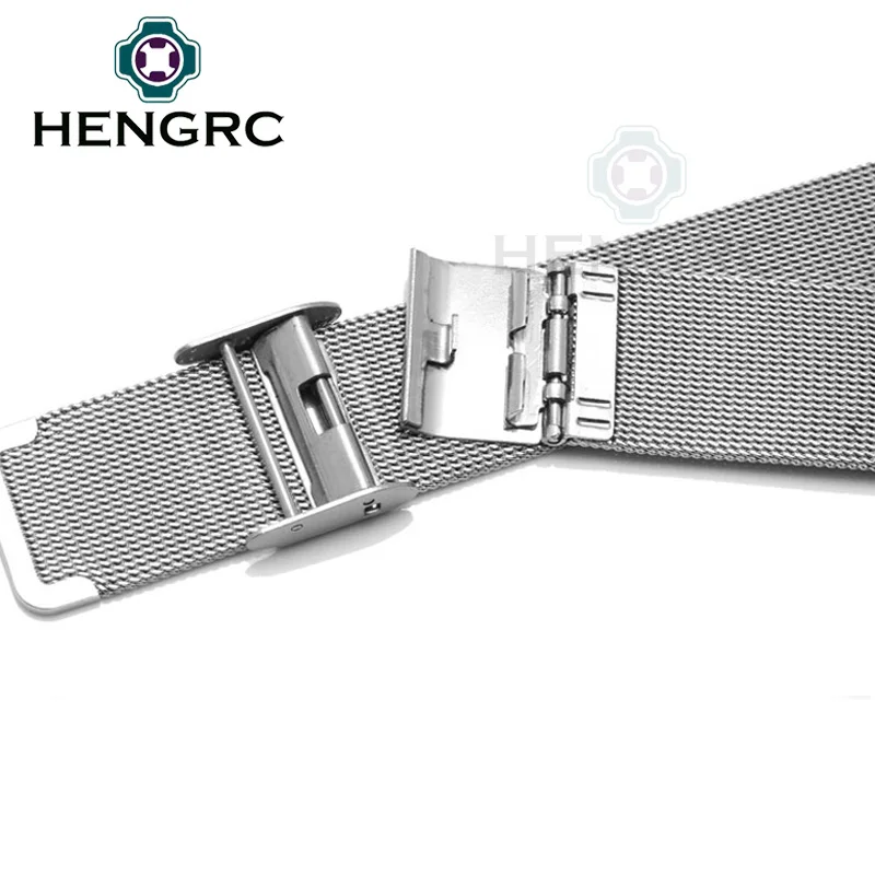

HENGRC 16 18 20 22 24mm Watch Band Strap Stainless Steel Women Watchbands Silver Black Metal Bracelet Double Clasp Accessories