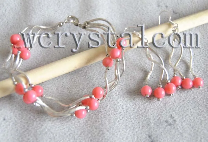Розовый коралл 6 мм Посеребренная труба ожерелье браслет набор серьги|necklace bracelet