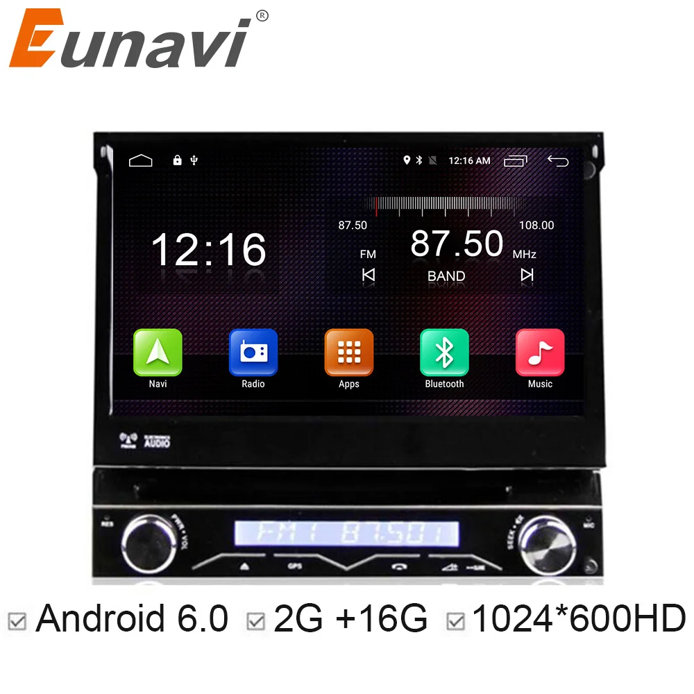 Eunavi 7 ''один 1 Автомобильный dvd плейер DIN Android 6 0 автоматический сменный 1080 P видео