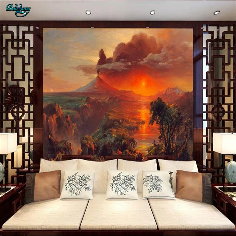 

beibehang Large Custom Wallpapers Hand - painted Volcanoes Retro Jurassic Backdrops Home Furnishings