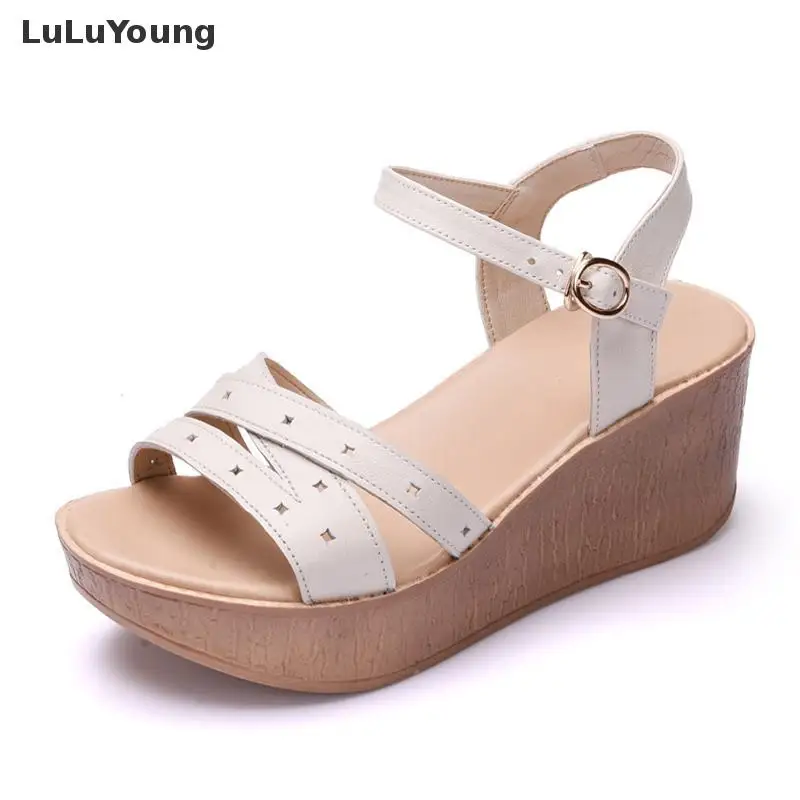 

Sandals Female Summer New Thick Bottom High Heel Shoes Genuine Leather Comfort Casual Women Shoes Wedges Heels Genuine Leather