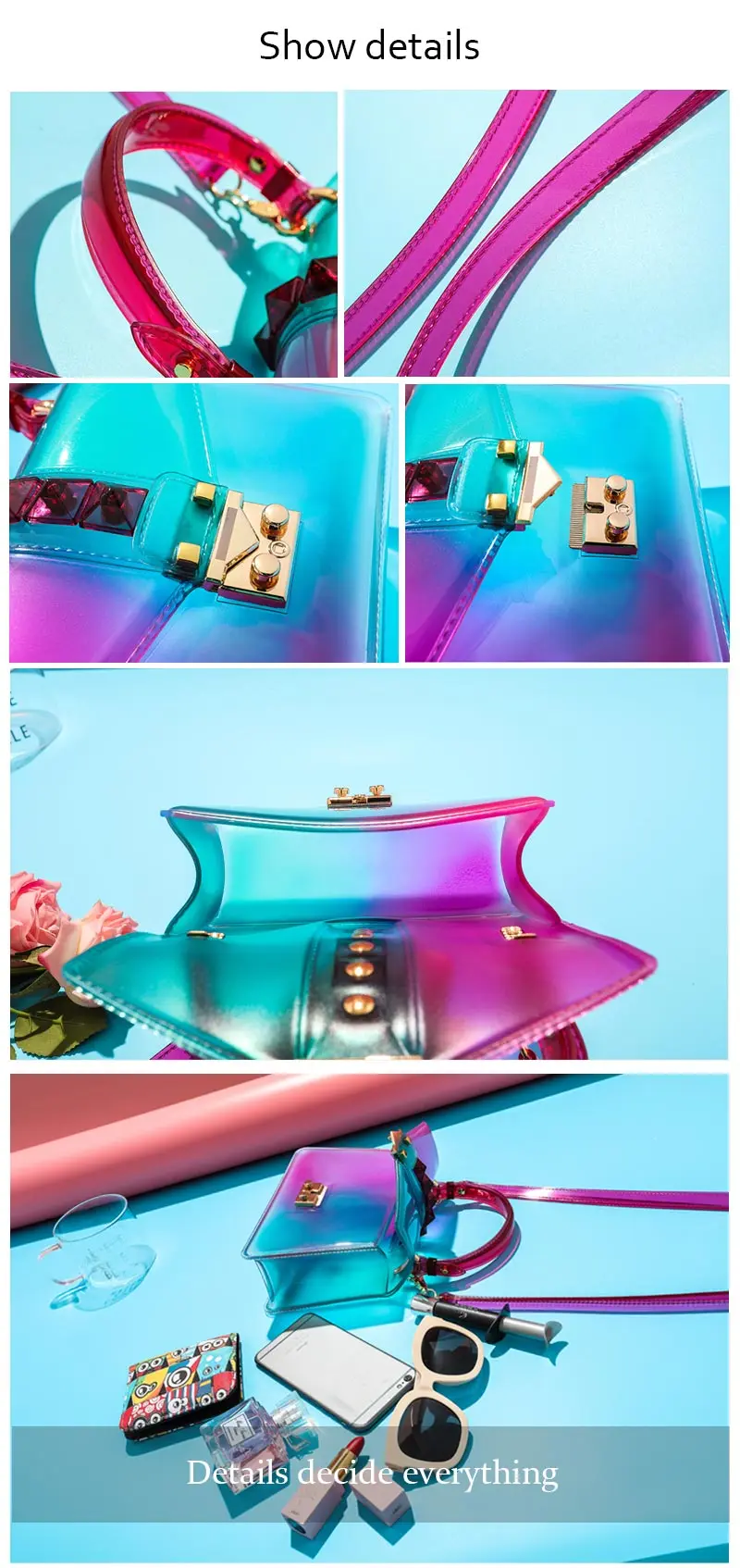Transparent Satchel Handbag Gradients Color Clear Jelly Transparent PVC Rivets Candy Color Tote Bags Crossbody Messenger Bag