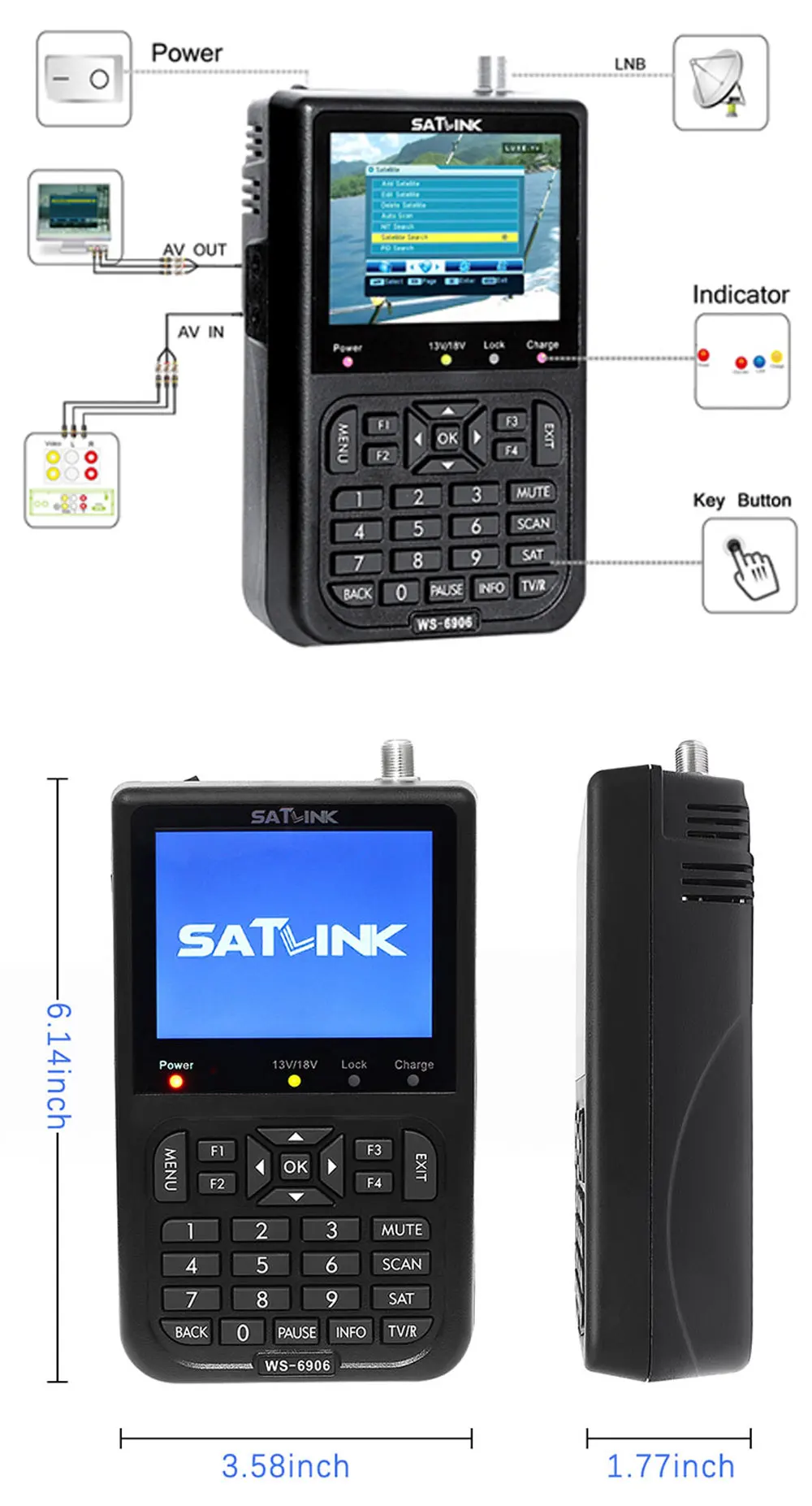 SATXTREM Satlink WS-6906 спутниковый искатель 3," DVB-S FTA 6906 цифровой спутниковый измеритель ws 6906 satlink с Li-on Baterry
