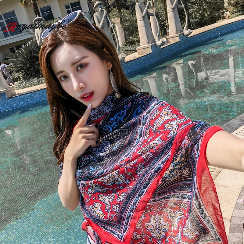 Royalmaybe cotton shawls and wraps sunmmer Sunscreen Beach travel silk scarf for women big headband long pashmina Square scarves |