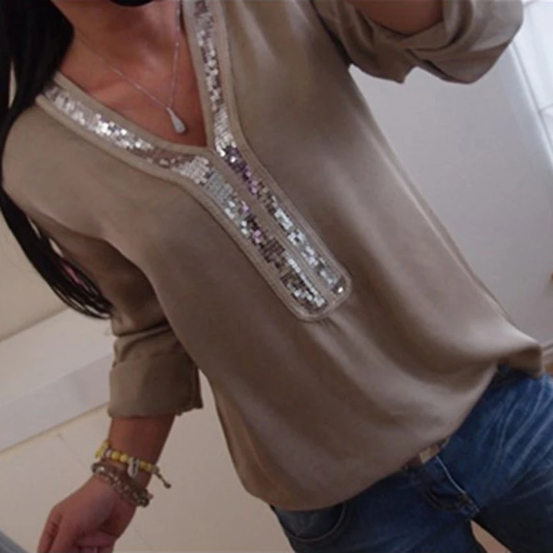 

Sexy V-neck Sequins Chiffon Women's Blouse Shirt Spring & Summer Elegant Office Lady Blouses Tops Plus Size S-5XL blusa feminina