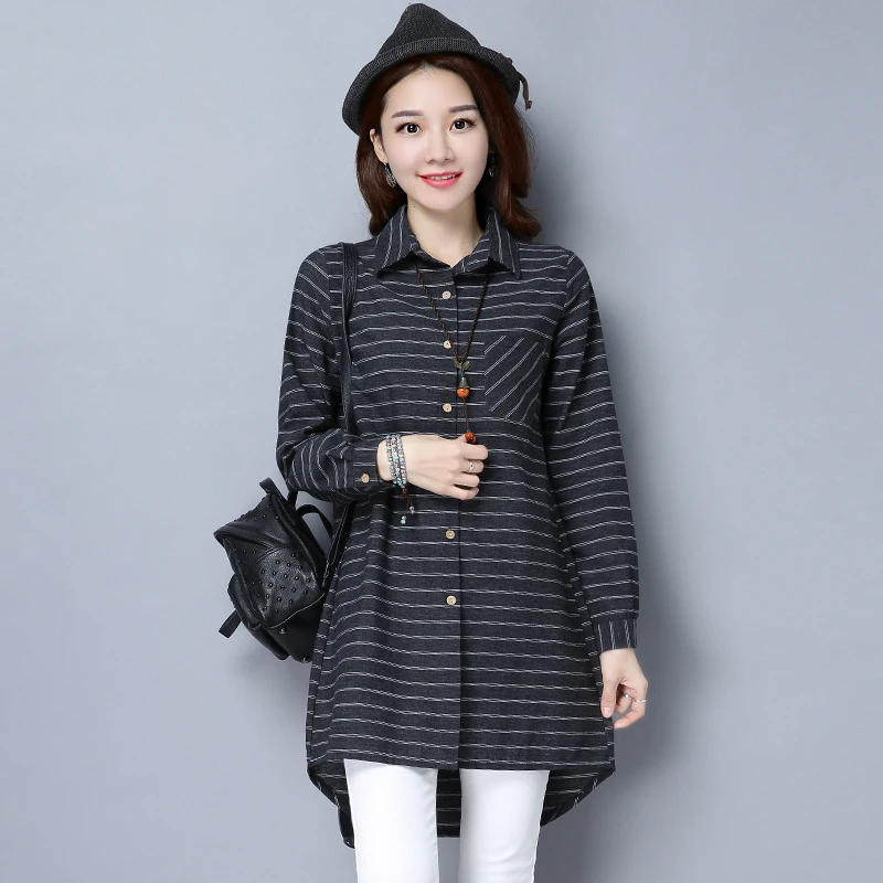 Женская Полосатая Рубашка из хлопка и льна #2910 Весенняя синяя красная черная