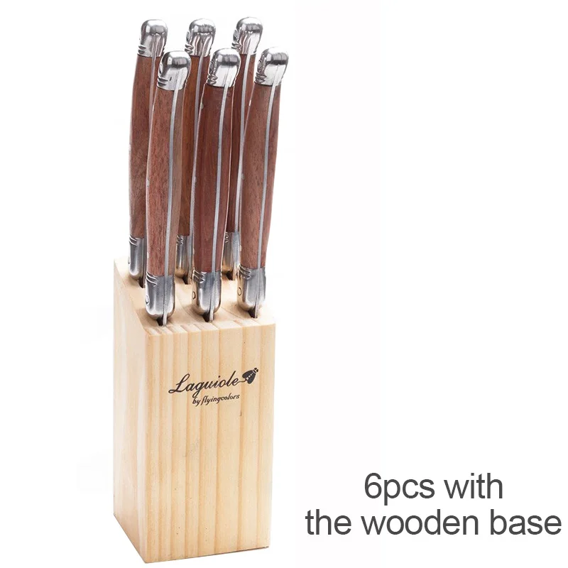 6pcs with wood base Стиль Laguiole, ножи для стейка, посуда из нержавеющей стали, деревянные столовые приборы, столовый нож с деревянной ручкой, стол, рождественский подарок, столовые приборы 9" - Цвет: 6pcs with wood base