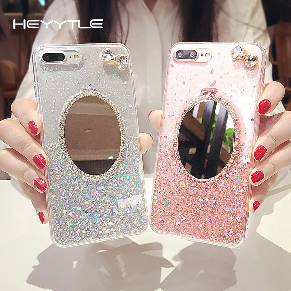 Heyytle Cute Glitter Phone Case For iPhone X 8 7 6 6s Plus Cases Mirror Back Cover Buling Crystal Bow Pattern Soft Female Shell |