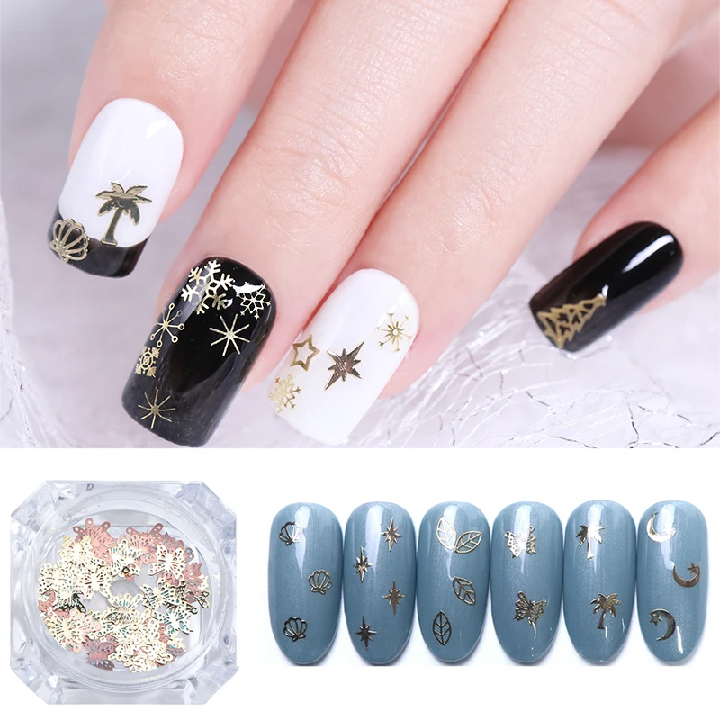 3D украшения для ногтей ультра тонкие золотые листья ракушки Снежинка Рождество