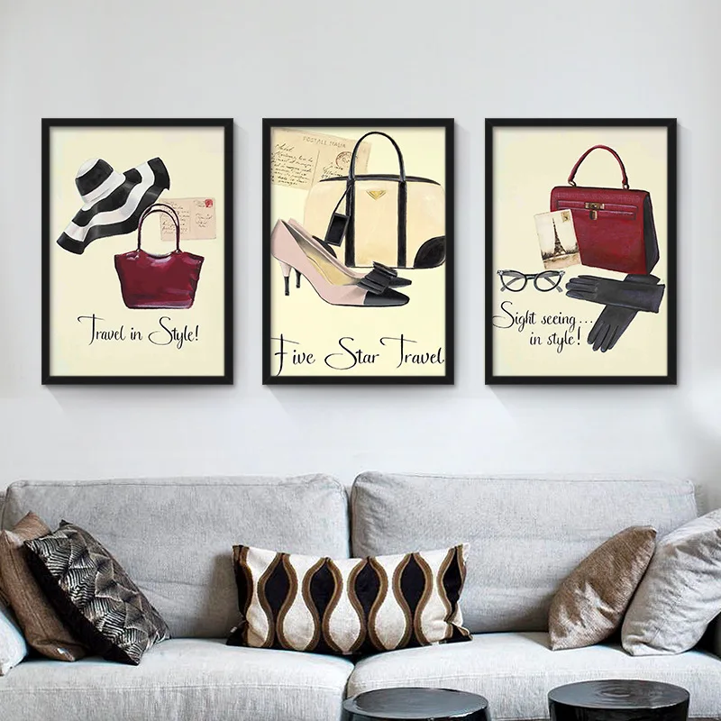 

Nordic Home Decoration Red High Heels Bags Perfume Canvas Art Painting COCO Wall Pictures For Shop Mall Women Room No Frame