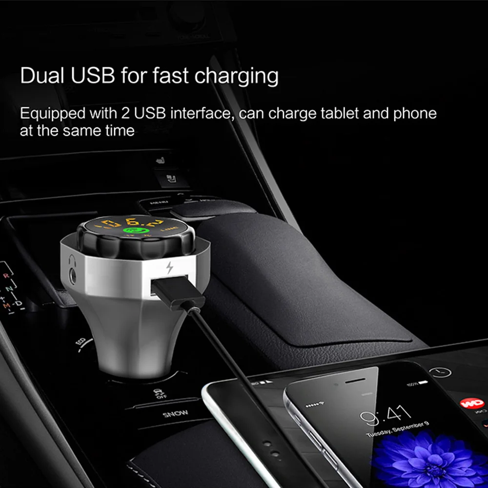 

Bluetooth 4.2 Handsfree Car Kit FM Transmitter Modulator Aux Output A2DP Music Car MP3 Player Dual USB Support TF Card USB-Disk