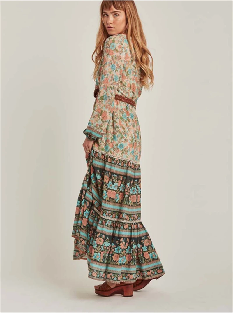 Boho шикарное платье с цветочным принтом и поясом, Пляжное богемное макси платье, женское летнее платье из искусственного шелка с перекрестным v-образным вырезом