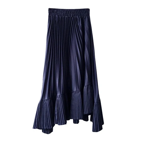 dark blue TIGENA Асимметричные Длинные гофрированные шифоновые юбки для женщин летняя корейская мода Высокая талия юбка женская повседневная черная белая юбка - Цвет: dark blue