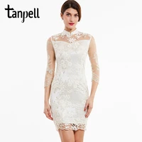 tanpell high neck cocktail dress ivory appliques lace knee length straight gown women 34 sleeves evening short cocktail dresses