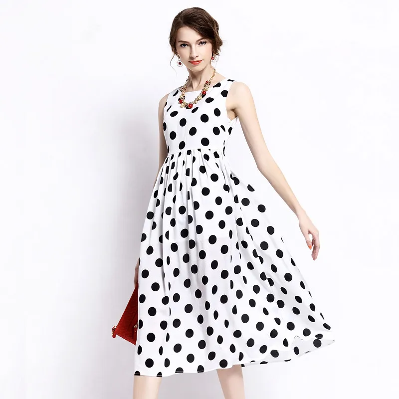 Женское летнее платье в стиле ретро без рукавов с круглым вырезом высокой талией