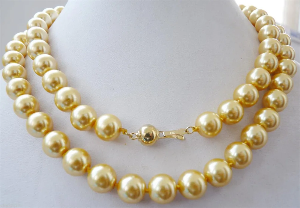 

FREE SHIPPING10mm yellow South sea shell pearl necklace 34" KGP gold A+