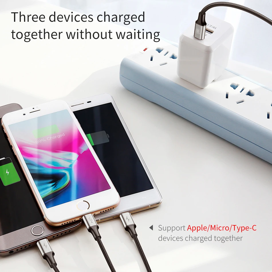 Usb-кабель Baseus 3 в 1 для iPhone X, 8, 7, 6, кабель Micro type-c для samsung S9, S8, кабель для быстрой зарядки type-c