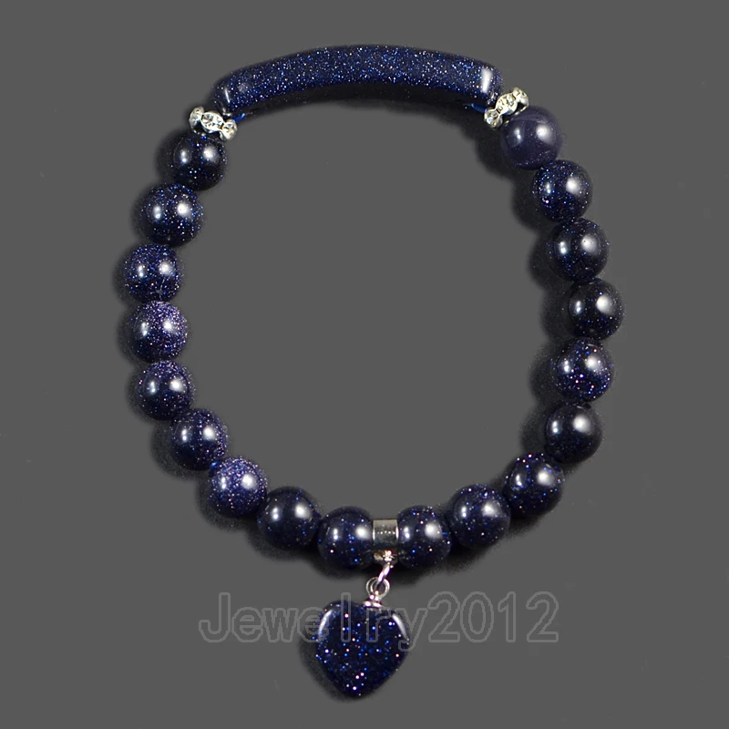 4pcs/Lot 8mm Blue Sand Gem stone Heart Bar Round Beads Stretchy Bracelet Healing Chakra Yoga Diy Jewelry Wholesale | Украшения и