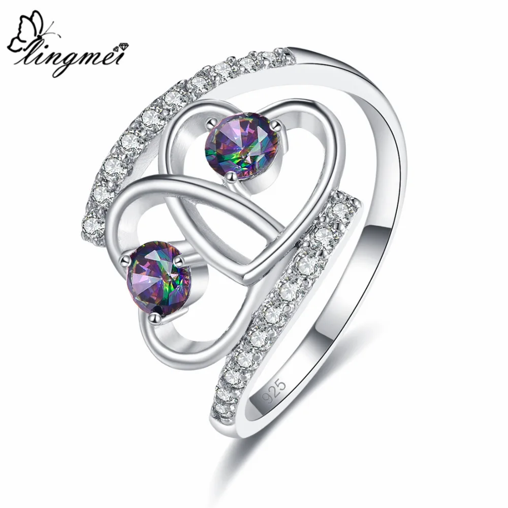 Lingmei Двойное сердце к сердцу обручальные кольца мульти & Красный Белый фианит
