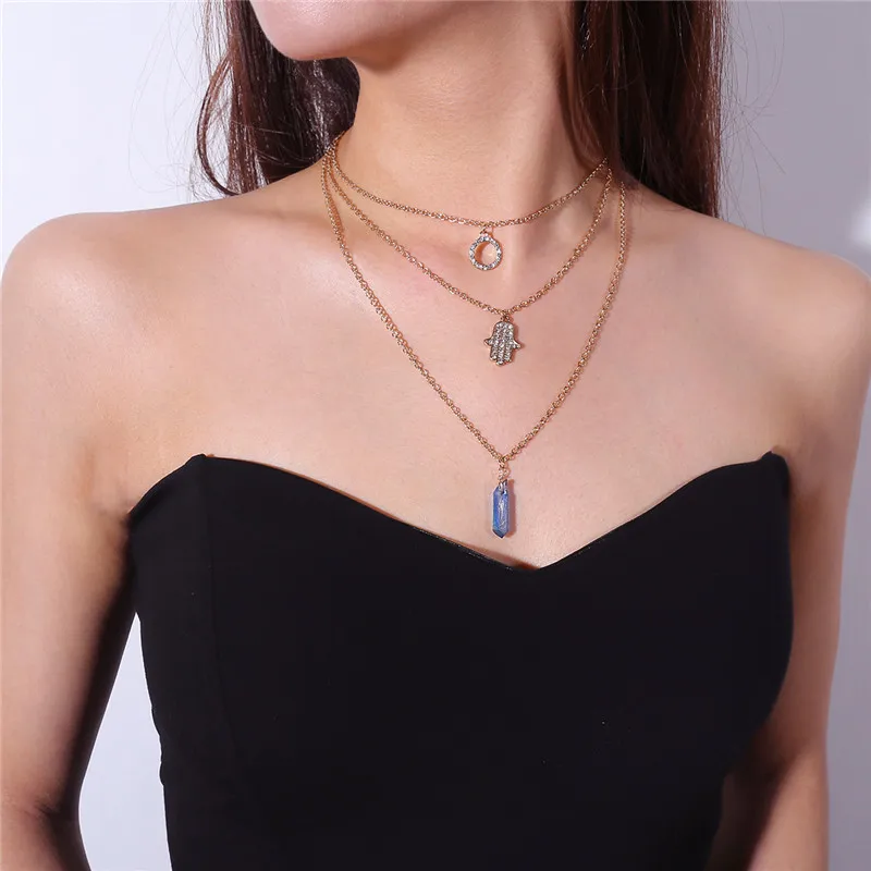 collares largos de moda 2018 collar oral fashion personality Suit Adornment geometry Fatima's hand Multi-storey Necklace | Украшения и