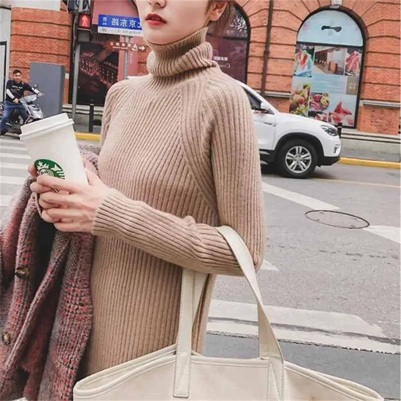 

women's clothing 2019 new arrival spring autumn long style turtleneck knitted sweater dresses women casual slim bottom pullovers
