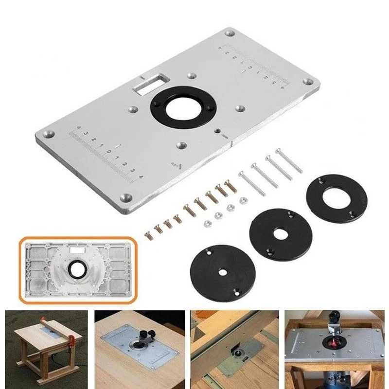 

Multifunctional Aluminum Router Table Plate w/ 4 Router Insert Rings Screws for Woodwork Benches Wood Hand Tools