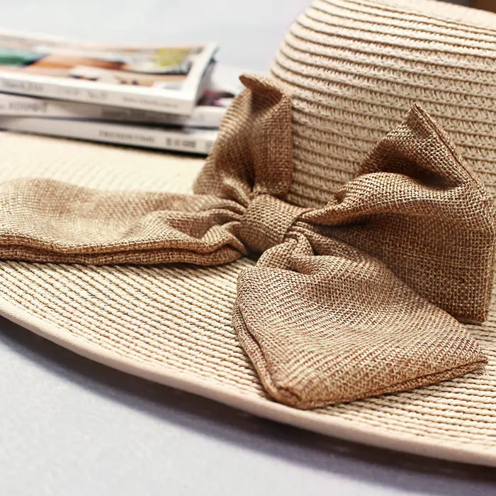 2016 Складной Лук Женщины Вс Соломенная Шляпка Широкий Большой Брим Floppy Лето