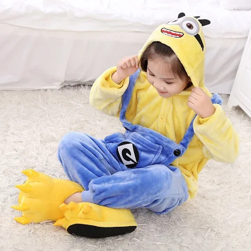 Little yellow man Зимние пижамы кигурумис для костюмированной вечеринки; детские комбинезоны; Пижамный костюм; одежда для сна для мальчиков и девочек с капюшоном и рисунком единорога - Цвет: Little yellow man