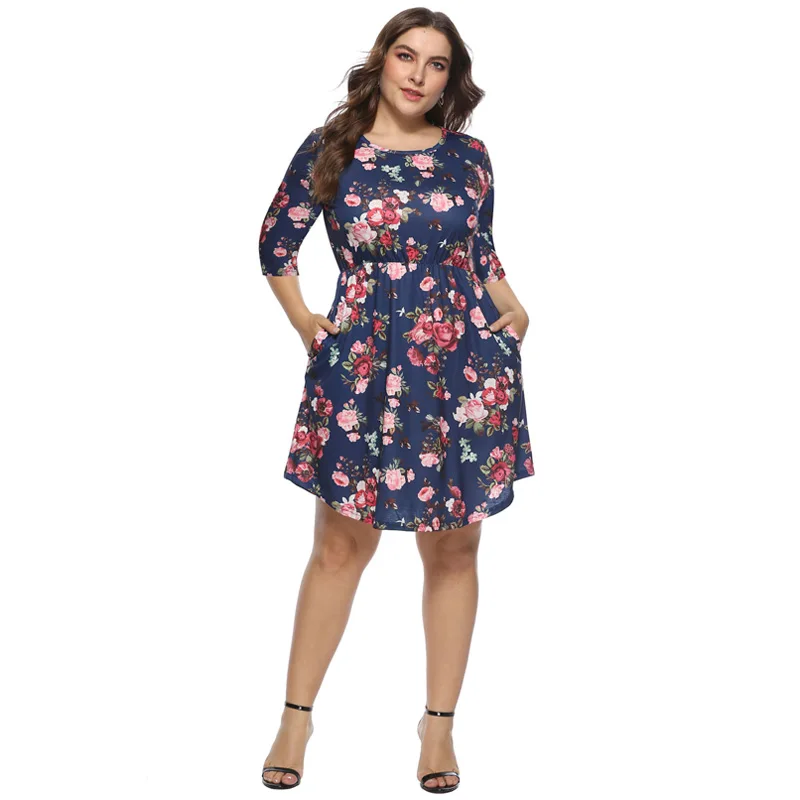 Plus Size Floral Print Tunic Women Dress Three Quarter Sleeve Autumn Summer Elegant Vocation 4XL Party Mini Dresses | Женская одежда