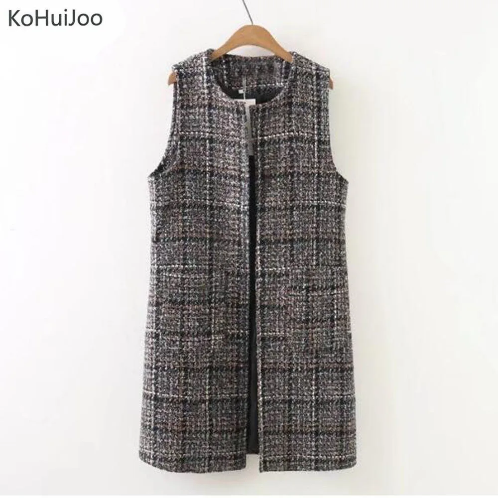 KoHuiJoo XL-3XL размера плюс осень зима женский длинный шерстяной жилет Свободный О-образный вырез коричневый твидовый жилет винтажный жилет кардиган без рукавов