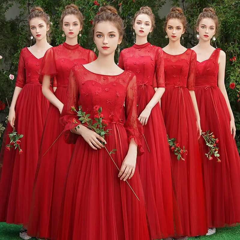 

Red Long Lace Bridesmaid Dresses Plus Size for Women A-Line Half Sleeve Vestido da dama de honra