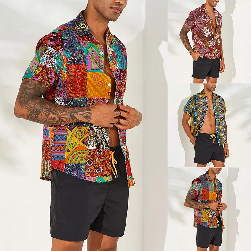 MJARTORIA Men's Retro Beach Shirt Fashion Floral Print Short Sleeve Casual Button Down Ethnic Style Shirt