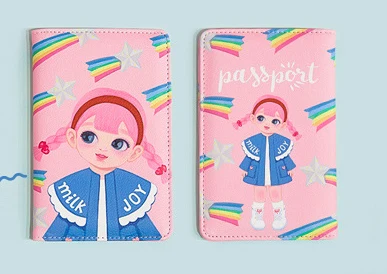 С персонажами из мультфильмов для девочек Кожаная Обложка для паспорта Для женщин Путешествия Kawaii розовый билеты паспорт Чехол держатель модная одежда для девочек Чехол-портмоне с отделением для карт держатель мешка - Цвет: blue dress