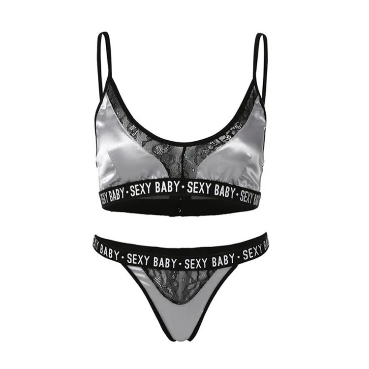 silver gray Сексуальная атласная Женская пижама с кружевом Bralette& Brief наборы женское нижнее белье сексуальное детское нижнее белье с буквенным принтом нижнее белье бюстгальтер трусики набор плюс размер бюстгальтер - Цвет: silver gray