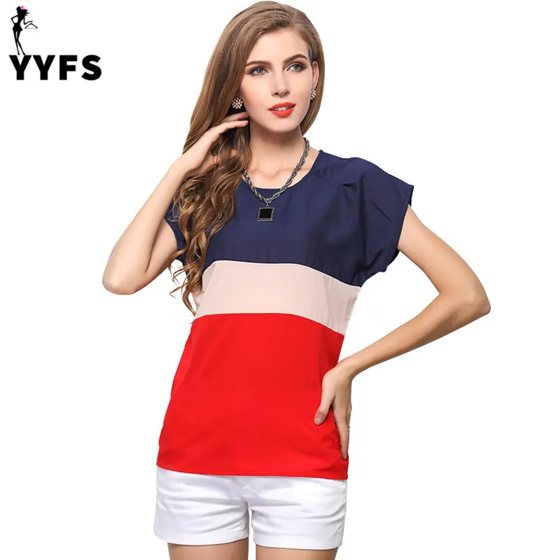 Завышение свободные Шифоновая блузка Для женщин сплайсинга три Цвета короткий