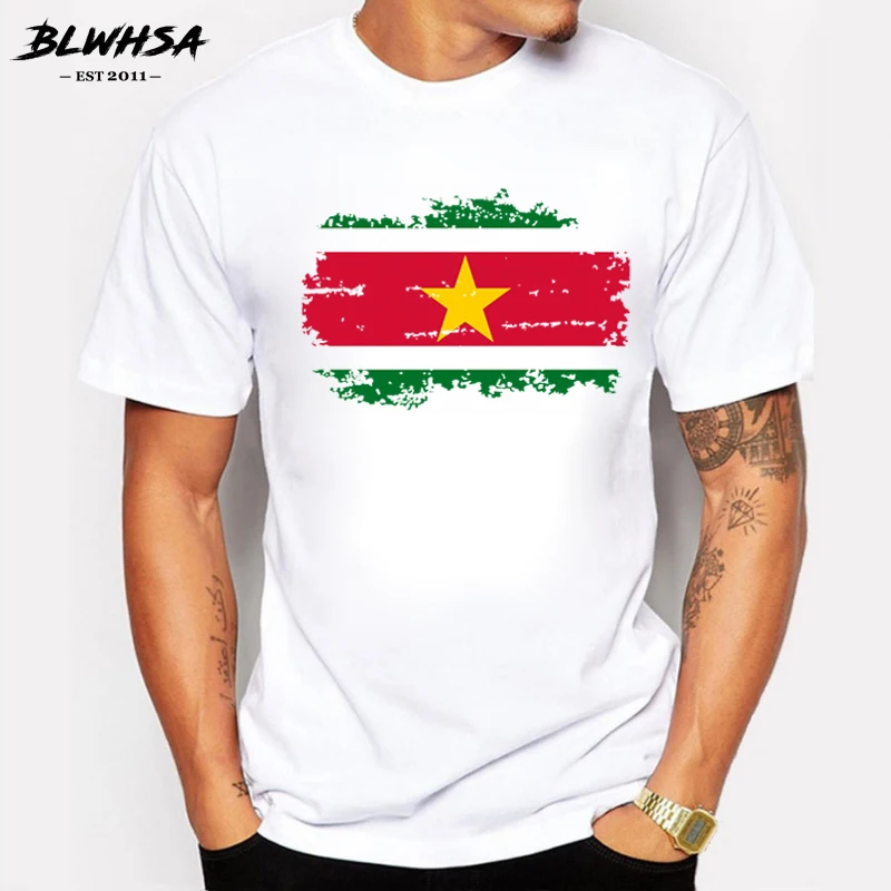 

BLWHSA Suriname Flag T shirt Men Casual Short Sleeve Cotton Design Nostalgia Print T-shirts Suriname National Flag Tshirts