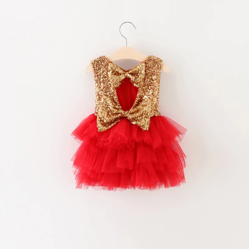 2018 chirstmas girl gold sequin red tulle dresses shinny princess flare birthday dress Puffy Mini Dresses With oversize Bows | Детская