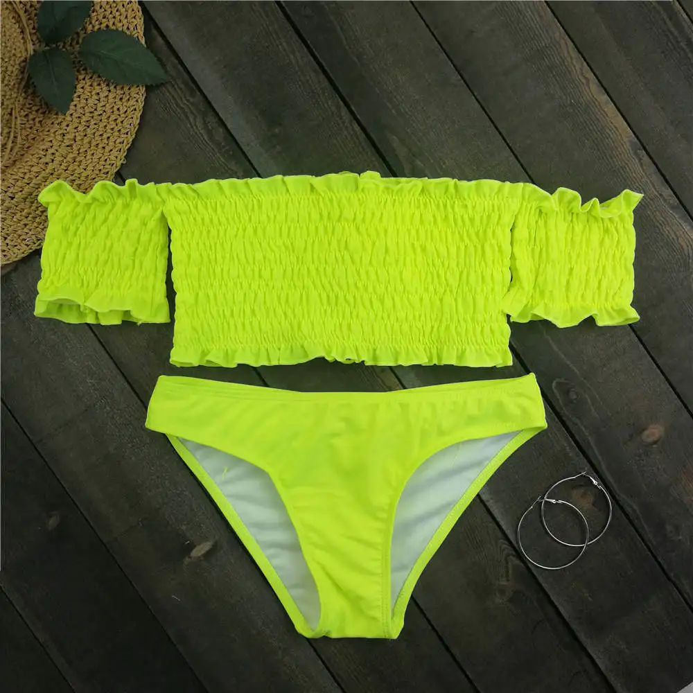 Off Shoulder Bikini Women Leaf Print Swimwear Pleated Biquini Brazilian Bikinis Push Up Swimsuit Bathing Suit Bandage Beachwear |