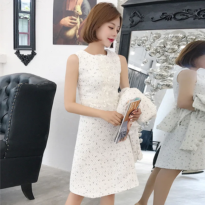 Высокое качество Женский комплект из 2 предметов твидовый пиджак пальто + майка с