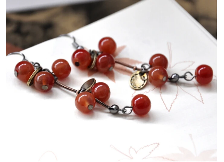 Серьги капли из красного кораллового камня Новинка модные 2016 вишневые длинные