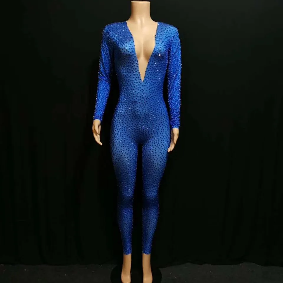 Sexy Glisten Blue Rhinestones Bodysuit Women Party Prom Sexy Jumpsuit Costume Stage Wear dance Nightclub Singer Dance Jumpsuit