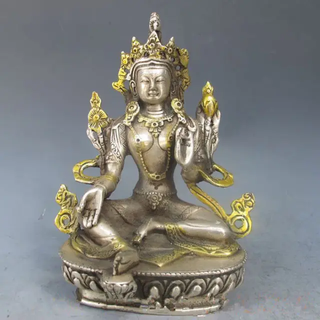 5.7 inch/Chinese Silver Bronze Gilt Tibetan Buddhism Statue --Green Tara Buddha