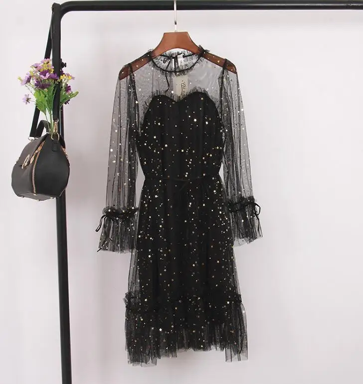 black dress LISM сексуальное Макси прозрачное Сетчатое летнее платье элегантное ТРАПЕЦИЕВИДНОЕ стильное платье с расклешенными рукавами женское корейское весеннее женское платье с оборками - Цвет: black dress