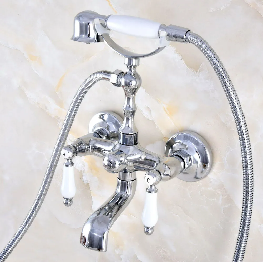 Polished Chrome Brass Double Ceramic Handles Wall Mounted Bathroom Clawfoot Bathtub Tub Faucet Mixer Tap w/Hand Shower atf875 |