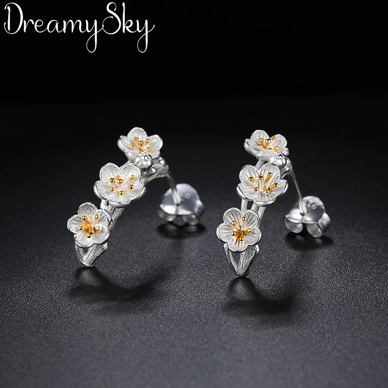 Женские серьги серебряного цвета с цветком вишни|Серьги-гвоздики| |