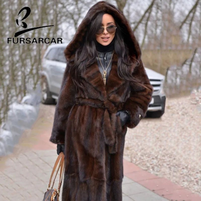 FURSARCAR 2021 New Luxury Real Mink Fur Coats 120 CM Long Jacket With Big Fur Hood For Women Whole Skin Female Mink Fur Coat