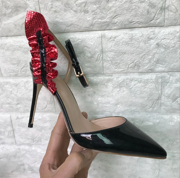 Stylesowner красный Волан босоножки Ремешок на щиколотке острый носок черный